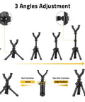 Beefy Shooting Rest Tripod With Adjustable Height And 360 Degree V Yoke Rotation, showing 7.5 to 15 inches extension.