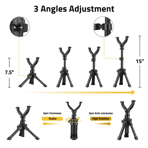Beefy Shooting Rest Tripod With Adjustable Height And 360 Degree V Yoke Rotation, showing 7.5 to 15 inches extension.