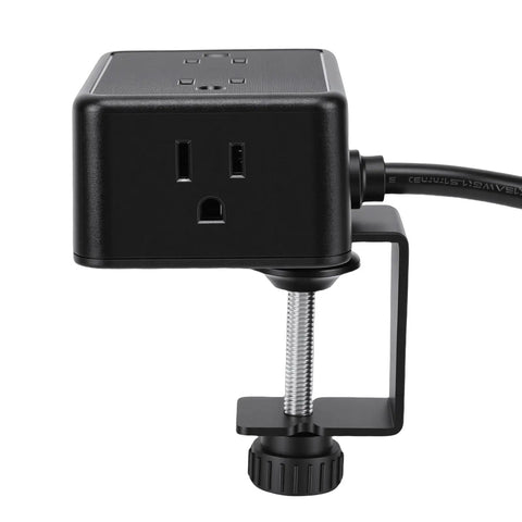 Heavy Duty Wall Clamping Design Game Changer Under Desk Power Strip With Eight In One Charging Hub close-up view.