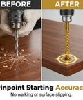 Before and after of Grab This Top Shelf Six Piece Hss Twist Drill Bit Set Titanium Coated showing accuracy on wood.