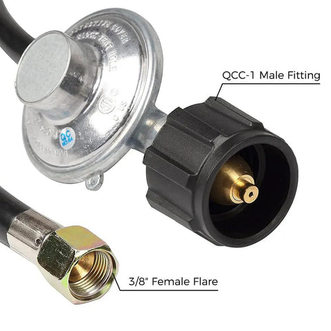 Five Foot Propane Regulator Hose Replacement Part For Outdoor Gas Water Heaters And Grills Three Eighth Inch Female Flare Nut Type One QCC1 Connection Brass Hose Up To Eighty Thousand BTU showing QCC1 male fitting and 3/8 inch female flare