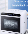 No Fuss Compact Countertop Dishwasher Handles The Daily Grime Effortlessly With A Built Five Liter Tank And Sleek Slim Profile Ideal For Tiny Kitchens Featuring Four Rapid Wash Cycles And No Sweat Auto Dry showing control panel and dish rack.
