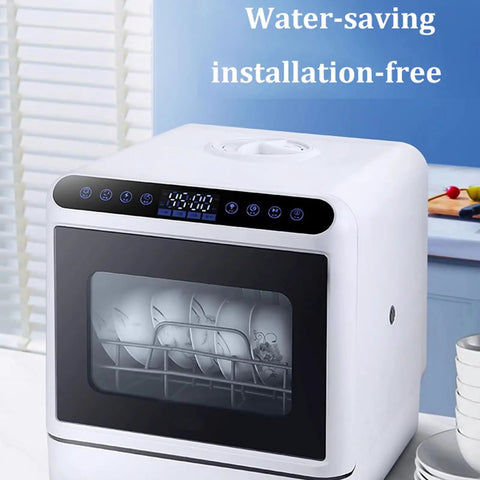 No Fuss Compact Countertop Dishwasher Handles The Daily Grime Effortlessly With A Built Five Liter Tank And Sleek Slim Profile Ideal For Tiny Kitchens Featuring Four Rapid Wash Cycles And No Sweat Auto Dry showing control panel and dish rack.