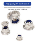 Beefy Flange Lock Nuts With Nylon Insert, 304 Stainless Steel DIN985, Bright Finish, multiple sizes displayed