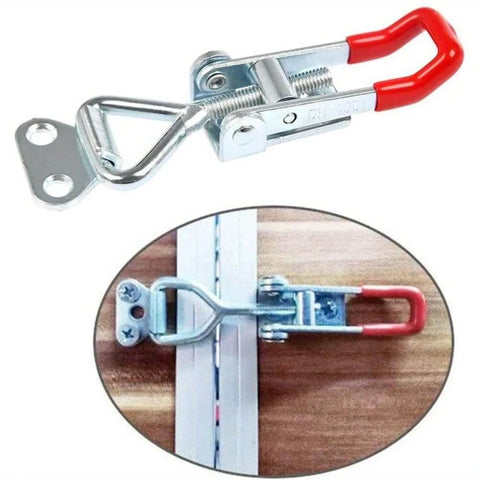 Four Piece Quick Release Latch Clamp Set In 304 Stainless Steel For Boxes Panels And Toolboxes, Adjustable Release Mechanism For Leveling And Secure Fastening, Weatherproof Silver shown installed on wood surface