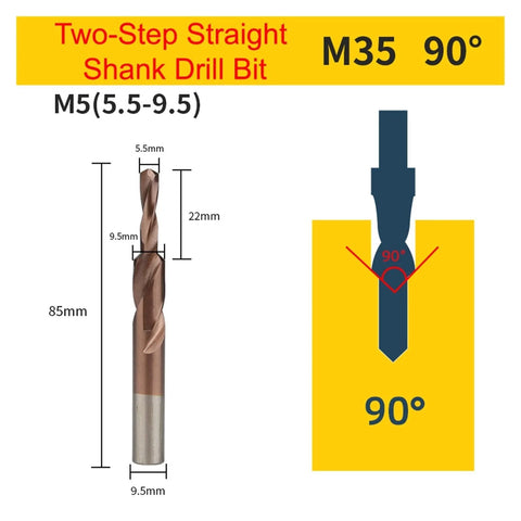 Two-step straight shank drill bit, M35 HSS-Co cobalt, 5.5–9.5 mm, 85 mm long, Amazon brand.