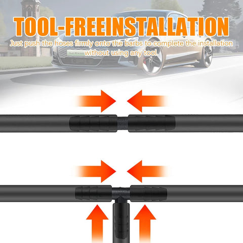 Automotive vacuum hose connector kit: two black heat-resistant hoses with a central T-fitting and knurled ends