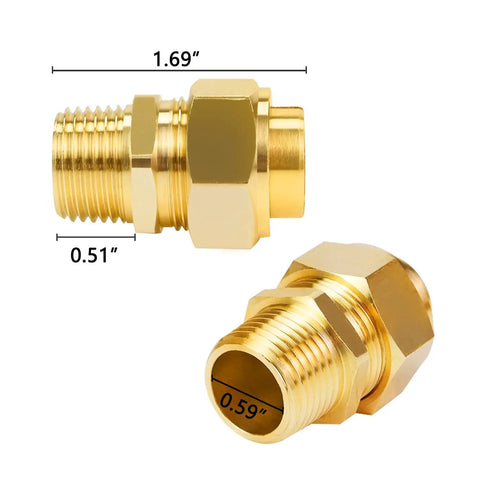 Half Inch NPT Brass Male Nipple Pack of Two for Gas Water Oil and Air Tool Hoses Hex Threaded Connectors, corrosion-resistant view