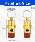 Two brass 1/4 inch male air compressor pressure relief valves with red threaded bases and ring handles
