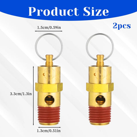 Two brass 1/4 inch male air compressor pressure relief valves with red threaded bases and ring handles
