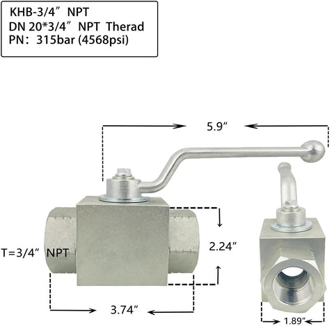 Front and side view of a 3/4 inch NPT hydraulic ball valve in silver metal with an L-shaped lever
