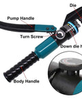 Labeled components of Beefy 10 Ton Hydraulic Crimping Tool With Eight Dies for cable lugs, showing pump handle, turn screw, die