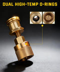 Heavy Duty Forklift Propane Adapter Swaps 1-1/4 Inch Female To 1-5/16 Inch Male Acme Fitment showing dual high-temp O-rings in brass.