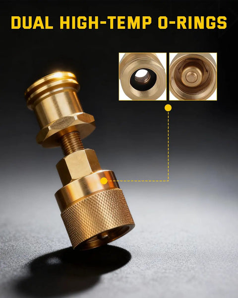 Heavy Duty Forklift Propane Adapter Swaps 1-1/4 Inch Female To 1-5/16 Inch Male Acme Fitment showing dual high-temp O-rings in brass.