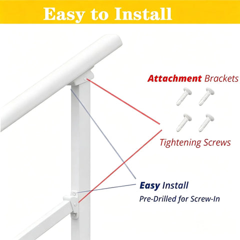 Diagram showing installation of the Sturdy Outdoor And Indoor Stair Handrail Kit For 1 To 2 Steps, with brackets and screws.