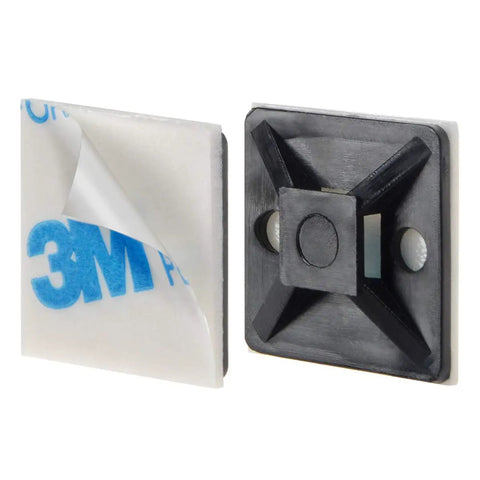 100 Pieces Black Self Adhesive Cable Zip Tie Mounts Three Quarter Inch Nylon Clips for Wires and Cables, front and back view