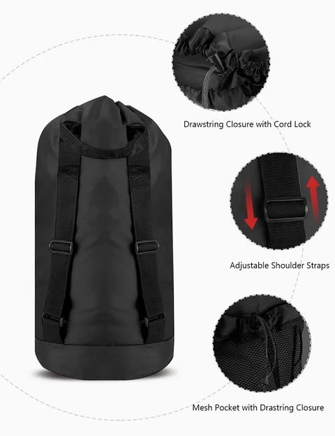 Durable Nylon Laundry Backpack With Drawstring Closure Large Capacity Hamper Bag showing adjustable straps and mesh pocket detail.