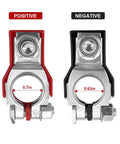 Top Post Battery Terminal Clamp Set 2 Pack For Positive And Negative Posts Tough As Nails Durable Galvanized Iron Battery Cable Terminals With Solid Contact And Corrosion Resistance, showing red positive and black negative terminals with hole sizes.