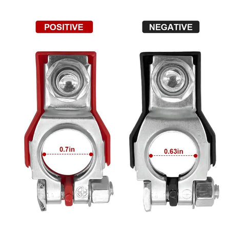 Top Post Battery Terminal Clamp Set 2 Pack For Positive And Negative Posts Tough As Nails Durable Galvanized Iron Battery Cable Terminals With Solid Contact And Corrosion Resistance, showing red positive and black negative terminals with hole sizes.
