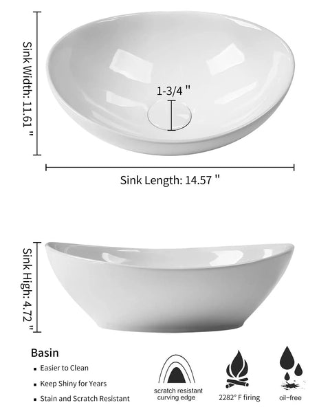 Bathroom Vessel Sink Set 15x12 Inch Oval Ceramic Vessel Sink Basin With Pop Up Drain Faucet Modern Egg Shape Above Counter Vanity Bowl Glossy White