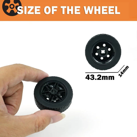 Four Piece Tech Wheels And Tires Set With 43.2x14mm Tires And 30x14mm Rims For RC Cars And Toy Cars, size illustrated