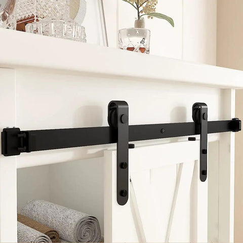 Ultra Compact 2ft Sliding Barn Door Hardware Kit For Wardrobe And TV Stand, Heavy Duty 100lb Capacity, rail mounted on cabinet
