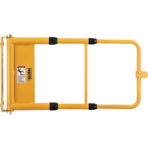 Top view of Straight Up Adjustable Spring Loaded Safety Swing Gate In High Visibility Yellow Steel for job site protection.