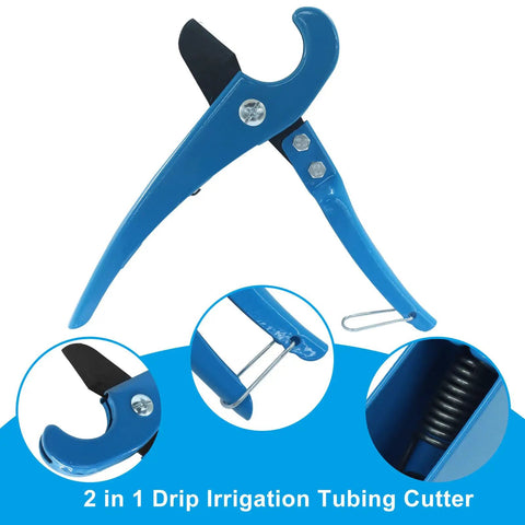 No Sweat 2 In 1 Drip Irrigation Tubing Cutter And Sharp Hole Punch For Pe Pipe 16 To 25 Mm, side view showing blue handle and cutting blade.