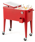 80 Quart Rolling Ice Chest Cooler On Wheels With Bottle Opener, Cap Catcher, And Bottom Storage Shelf, Portable Patio Beverage Cart, Red
