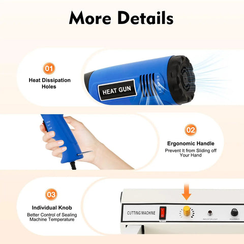Heat gun details showing ergonomics and heat dissipation for the 24 Inch I Bar Shrink Wrap Machine With Heat Gun For POF Film Sealing And Cutting.