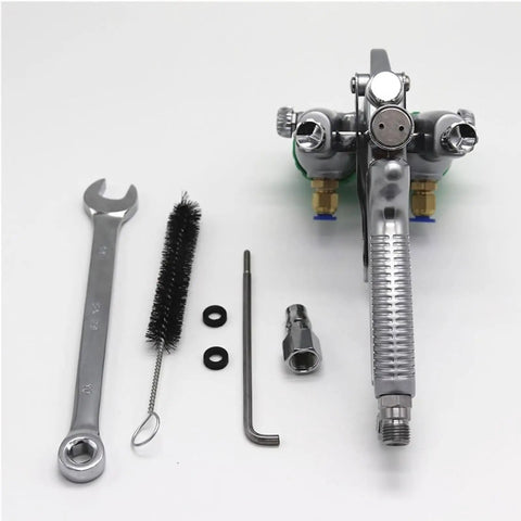 Plug And Play Dual Nozzle Pneumatic Paint Sprayer Featuring 1.3mm Stainless Steel Tip And 1000ml Cup tools including wrench and brush.