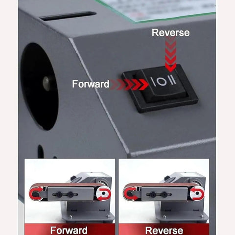 Control panel of Solid Workhorse Bench Belt Sander And Electric Knife Sharpener with forward and reverse switch.