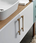 Modern bathroom view showcasing Polished Brass Cabinet Pulls 5 Pack With 5 Inch Hole Center For Kitchen Cabinets And Dresser Drawers.