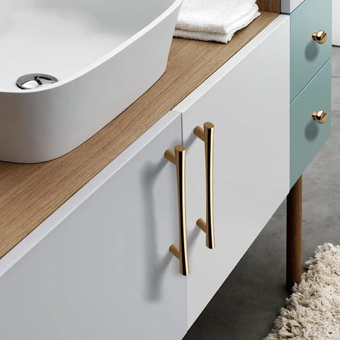 Modern bathroom view showcasing Polished Brass Cabinet Pulls 5 Pack With 5 Inch Hole Center For Kitchen Cabinets And Dresser Drawers.