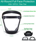 Total Face Shield for Adults, Men, and Women 2 Pack with adjustable band, anti-fog shield, 10PCS filter, size measurements shown.