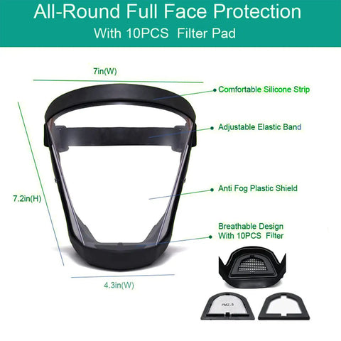 Total Face Shield for Adults, Men, and Women 2 Pack with adjustable band, anti-fog shield, 10PCS filter, size measurements shown.