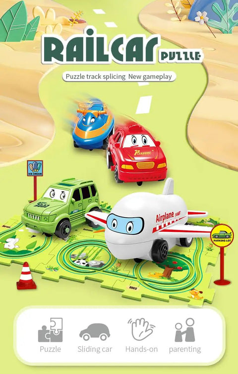 4 In 1 Puzzle Racer Car Track Set For Kids with toy cars on raceway, educational for fine motor skills and hand-eye coordination.