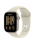 Top Tier Health Smartwatch With Game Changing Heart Rate Sensor Measuring HRV Every Five Minutes For Ultimate Stress Recovery Insights And Full Body Wellness Tracking In Compact 42 mm GPS Case, light gold case and beige strap.