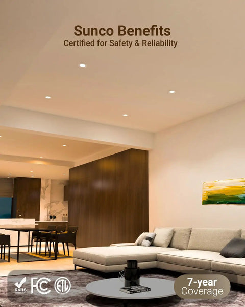 Modern living room with 12 Pack 6-Inch LED Recessed Lights With Junction Box, Slim Canless Ceiling Downlights, warm ambiance