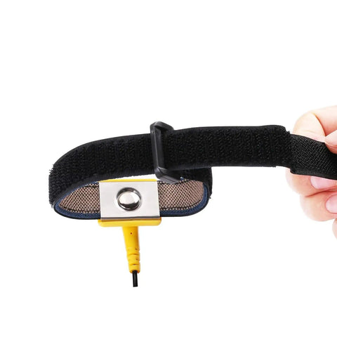 Close-up of Anti Static Wrist Strap Kit with 11 inch grounding wristband, alligator clip, showing adjustable strap detail