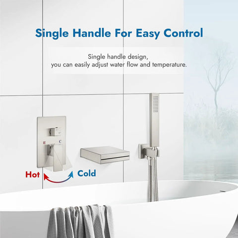 Wall Mount Waterfall Tub Faucet With Handheld Sprayer And Single Handle Lever Rough-In Valve Shower Diverter Kit In Brushed Nickel
