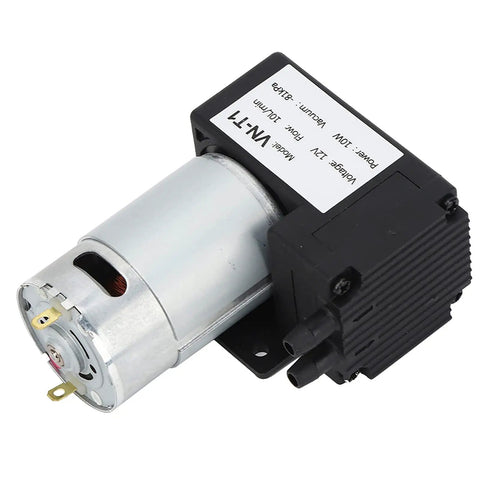 Micro Dc Vacuum Pump Air Trap Device With Killer Suction Low Noise Heavy Duty Shop Grade Workhorse That Is Solid As A Rock Premium Plastic Shell stable flow control shown from side view.