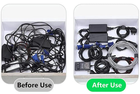 Reusable Black Cable Ties 50 Pack Hook And Loop Wire Wraps Keeps Cords Neat For TV PC Computer Setup And Charging Data Cables Cord Management Kit Easy To Readjust And Reuse before and after use image showing tangled cords and neatly organized cables secured with black hook-and-loop ties in a drawer, illustrating the effectiveness of cable management.