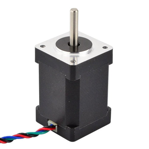 Nema 14 high-torque stepper motor, front view with silver faceplate, black body, four-wire leads.