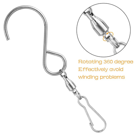 20 Pack Stainless Steel Swivel Hooks For Wind Spinners And Patio Deck Heavy Duty Rustproof S Clips showing rotating design to prevent winding.