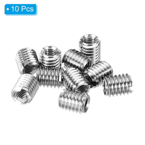 Front view of 10 stainless steel thread adapters, M5 to M3 reducing nuts.