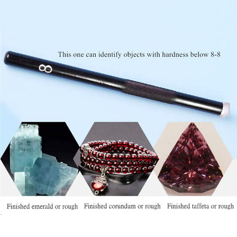 Five Pack Mohs Hardness Tester Kit 5 Through 9 With Durable Mineral Tips On Metal Rods, Pro Grade Hardness Pens For Jewelry Jade Glass Ceramic Tile And Concrete Testing, black tip pen shown with gemstone examples