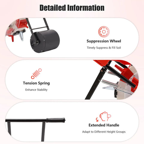 Detailed features of Six Nozzle Hand Push Seeder For DIY Farmers And Garden Pros With Eight Pound Seed Box And Red Roller Manual Seed Planter