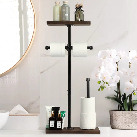 Freestanding Toilet Paper Holder With Shelf And Storage, Heavy Duty Industrial Style Bathroom Organizer For Restrooms, displays two rolls.