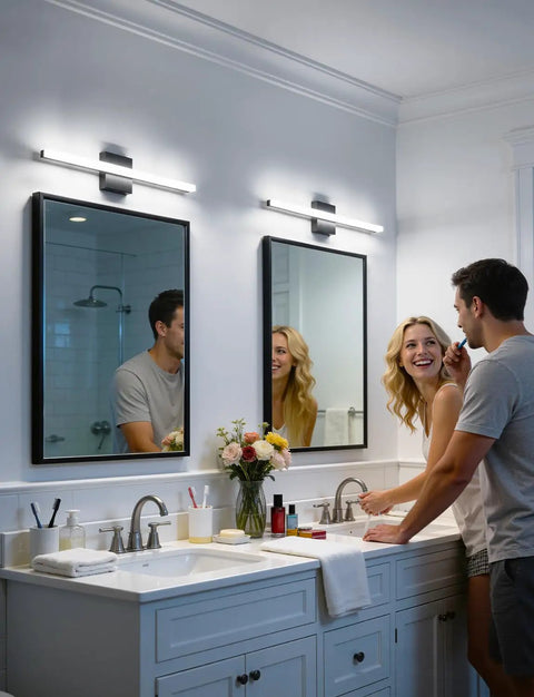 24 Inch Black Vanity Light For Bathroom Mirror LED Wall Bar Fixture 14W 1250LM Cool White 6000K over double sink with couple.